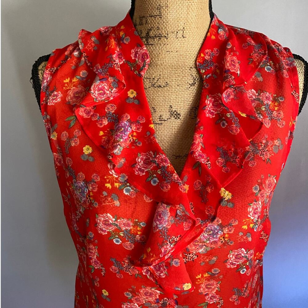 cAbi Crush Floral Ruffle Sleeveless Blouse Red Sheer Top Size S - Picture 8 of 17